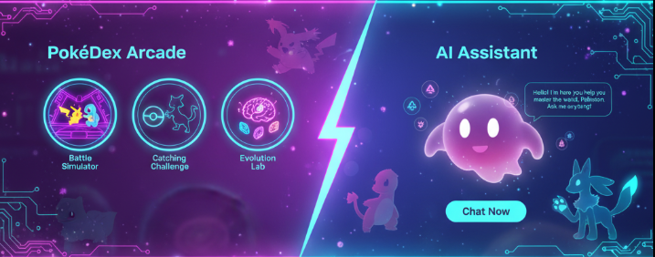 PokeVerse web app preview: PokéDex Arcade modules and built-in AI Assistant for exploring Pokémon data.